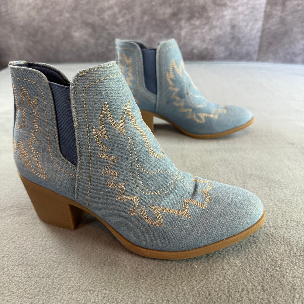 Global Win Women Light Wash Denim Western Ankle Boots Embroidery Blue Size 8